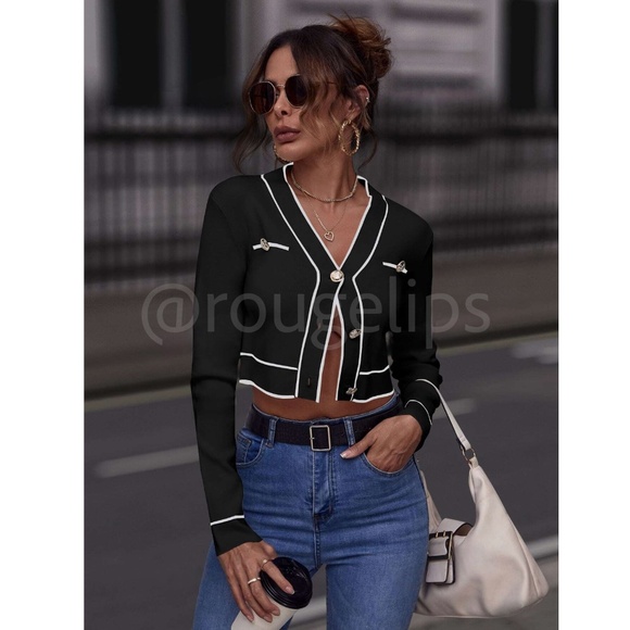 Black Cropped Cardigan Contrast White Binding Button Front - Picture 2 of 7